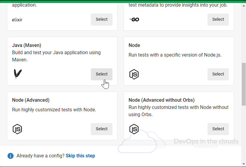Selecting the project type in CircleCI
